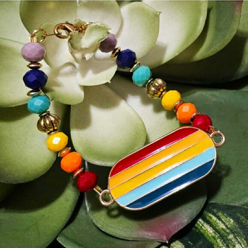 Multicolor Enamel Stripe Beaded Bracelet - Women Jewelry NWT! - Picture 2 of 6
